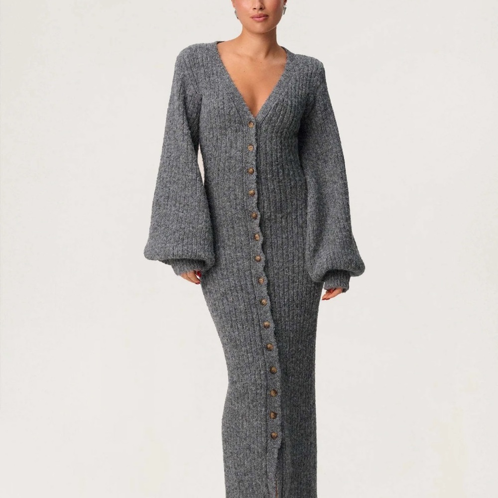 Adore Charcoal Gray Ribbed Button-Front Maxi Dress
